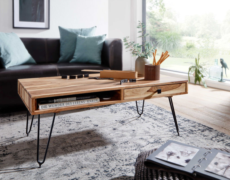 Couchtisch BAGLI Akazie Massivholz 110cm Metallbeine Landhaus Schublade