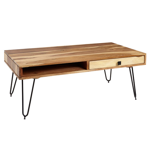 Couchtisch BAGLI aus Akazie Massivholz in Gesamtansicht mit offener Ablage und Schublade, schwarze Metallbeine.
