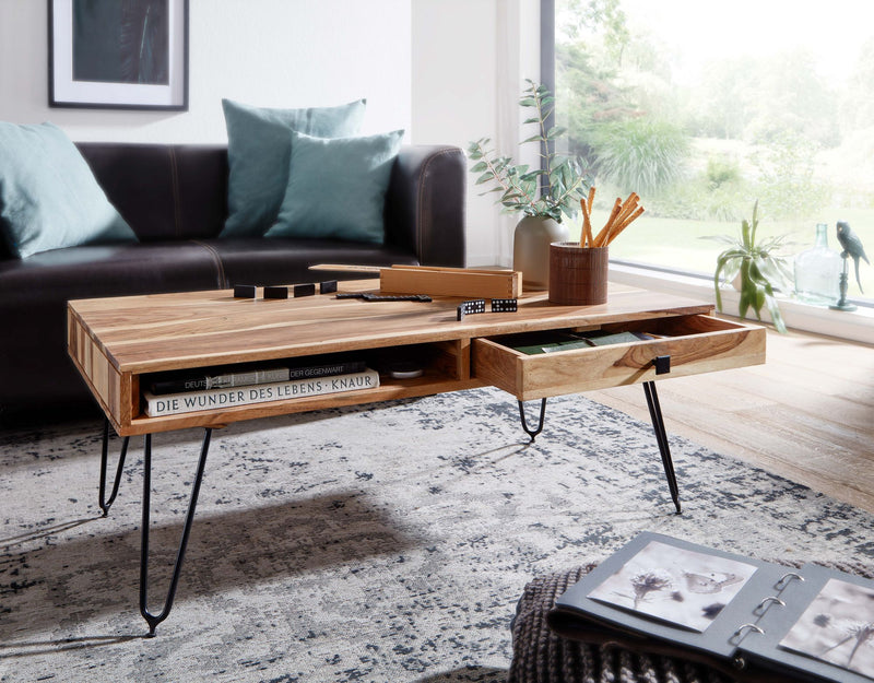 Couchtisch BAGLI Akazie Massivholz 110cm Metallbeine Landhaus Schublade