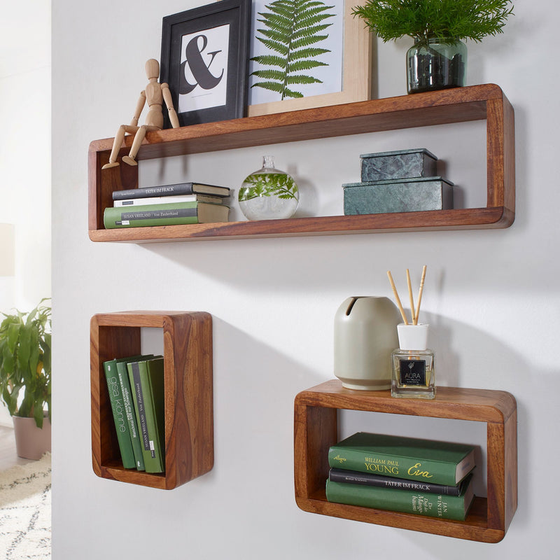 Wandregal 3er Set BOHA Sheesham Holz Landhausstil Viereckig
