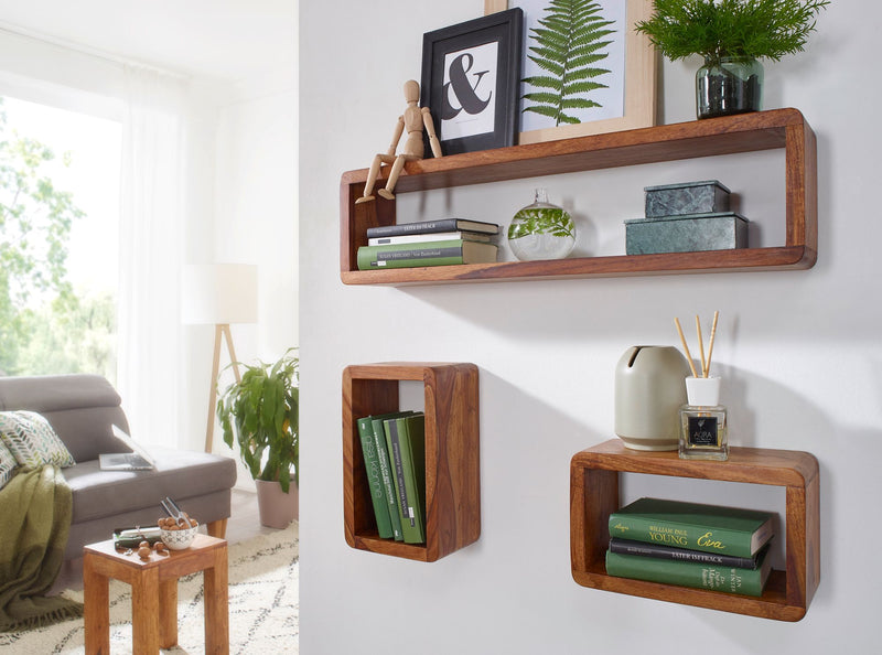 Wandregal 3er Set BOHA Sheesham Holz Landhausstil Viereckig