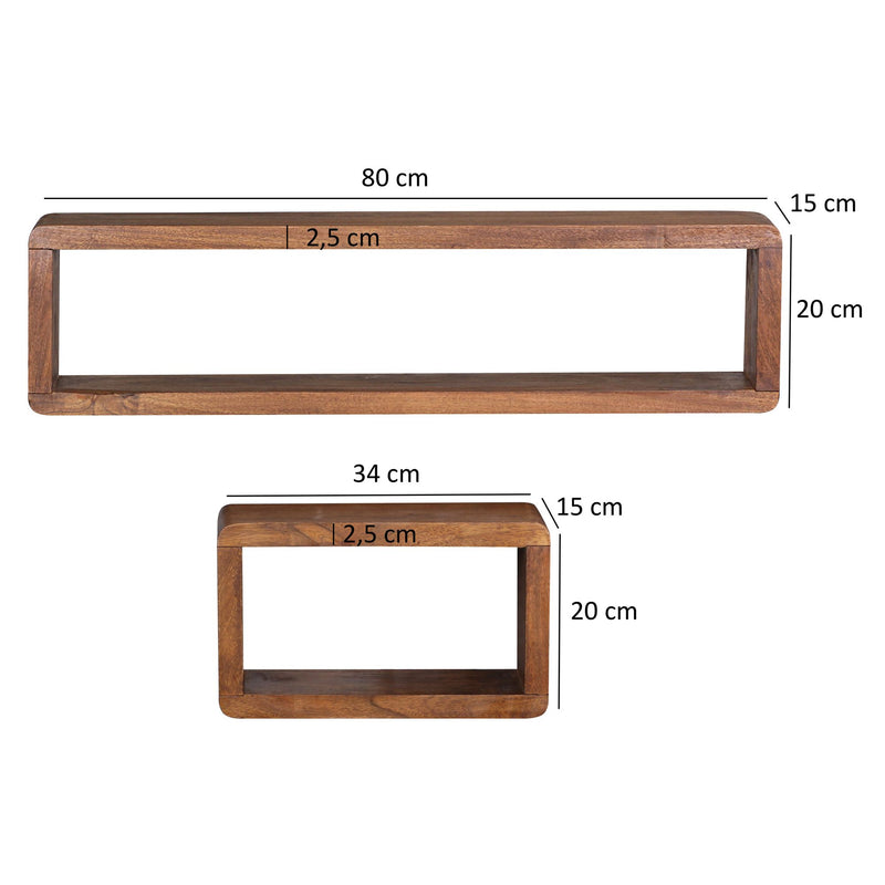 Wandregal 3er Set BOHA Sheesham Holz Landhausstil Viereckig