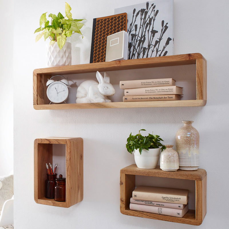 Wandregal 3er Set BOHA Akazie Massivholz Landhausstil Viereckig