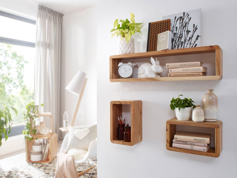 Wandregal 3er Set BOHA Akazie Massivholz Landhausstil Viereckig