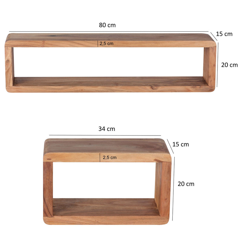 Wandregal 3er Set BOHA Akazie Massivholz Landhausstil Viereckig