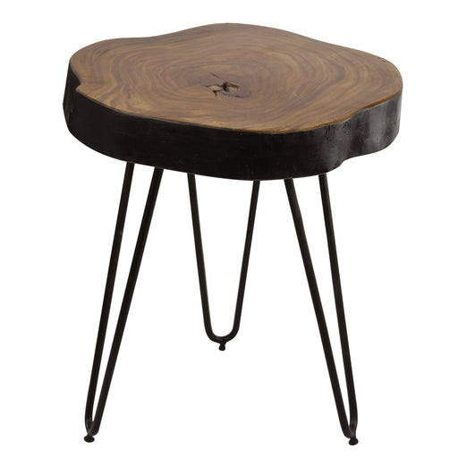 Beistelltisch BAGLI mit organischer Baumkante-Tischplatte aus Sheesham-Holz und schwarzen Hairpin-Beinen, Gesamtansicht.
