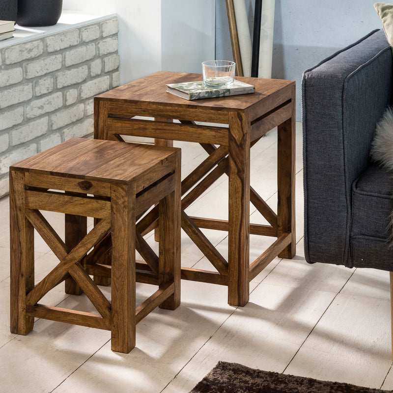 Beistelltisch Set PALI Sheesham Massivholz Dunkelbraun Landhausstil