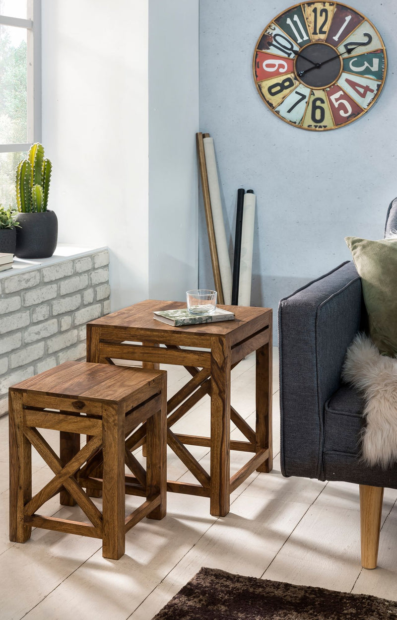 Beistelltisch Set PALI Sheesham Massivholz Dunkelbraun Landhausstil