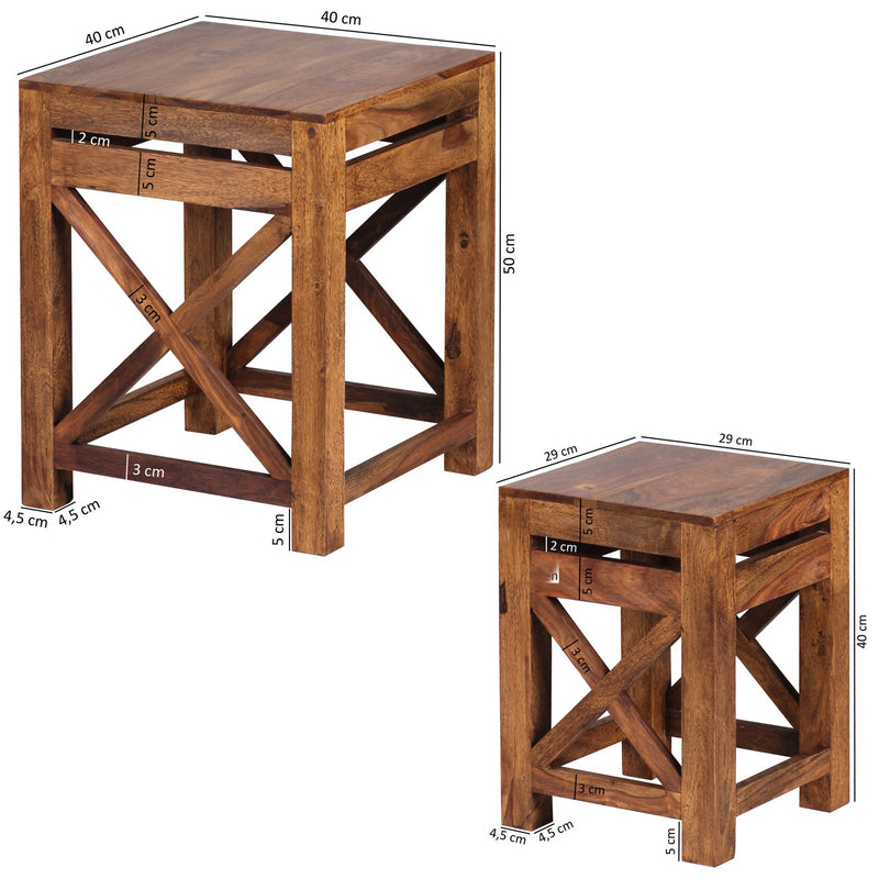 Beistelltisch Set PALI Sheesham Massivholz Dunkelbraun Landhausstil