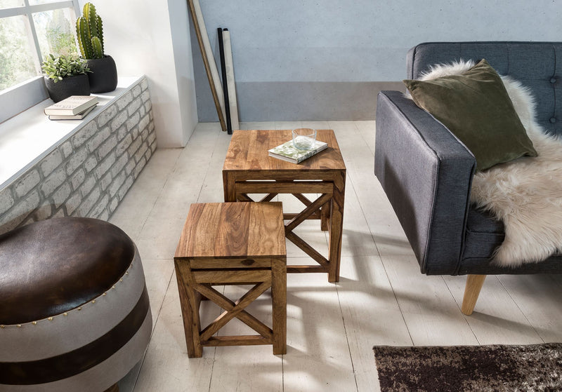 Beistelltisch Set PALI Sheesham Massivholz Dunkelbraun Landhausstil