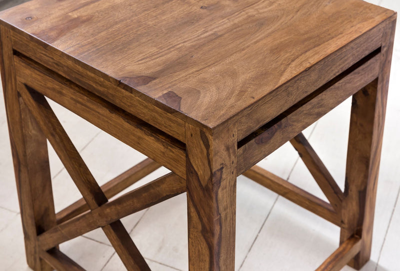 Beistelltisch Set PALI Sheesham Massivholz Dunkelbraun Landhausstil