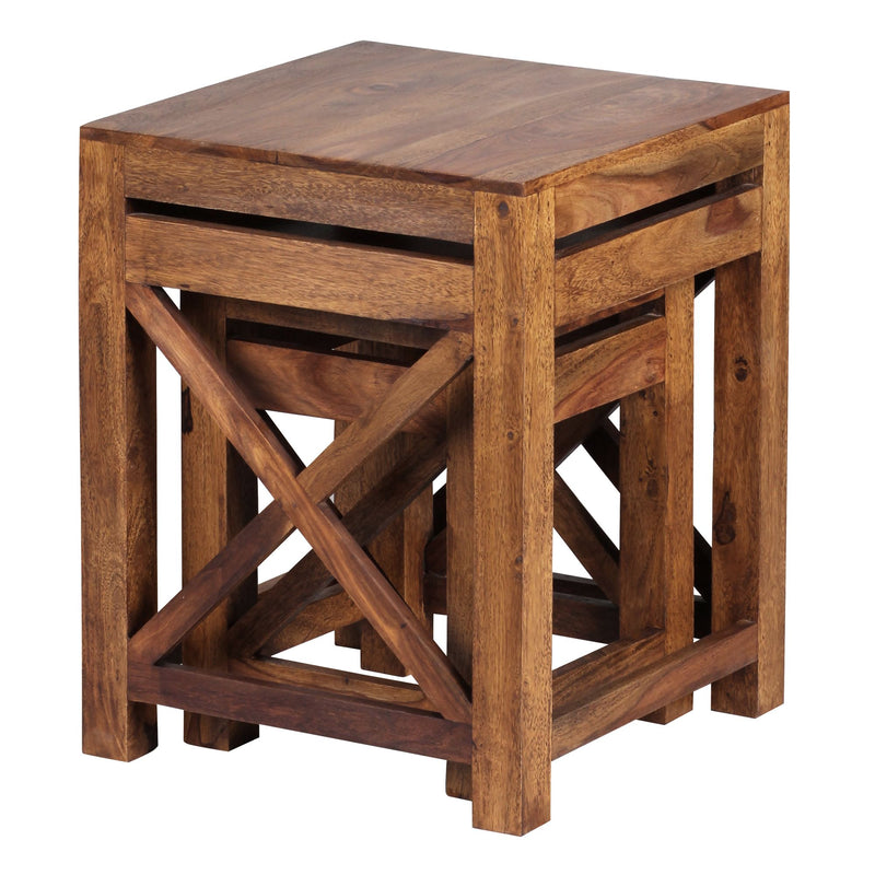 Beistelltisch Set PALI Sheesham Massivholz Dunkelbraun Landhausstil
