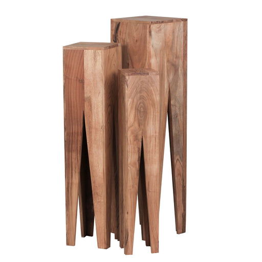 Beistelltisch 3er Set Akazie Massiv aus Holz mit quadratischen Säulen und gespaltenen Kanten in Gesamtansicht.