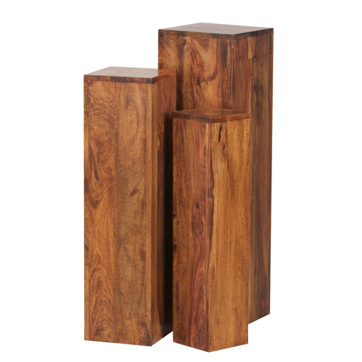 Gesamtansicht eines 3er Sets Beistelltische aus Sheesham-Massivholz in gestaffelten Höhen mit dunkler Holzmaserung.