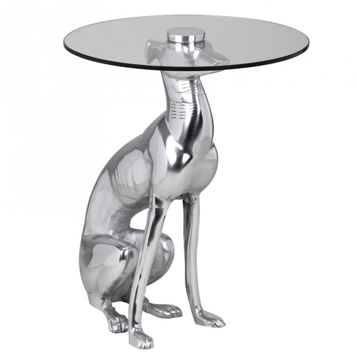 Beistelltisch DOG mit silbernem Aluminium-Hundefiguren-Gestell und runder Glasplatte in Gesamtansicht.