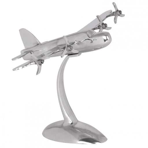 Deko Propeller Aluminium Silber Design in Gesamtansicht mit polierter Metalloberfläche und Standfuß.