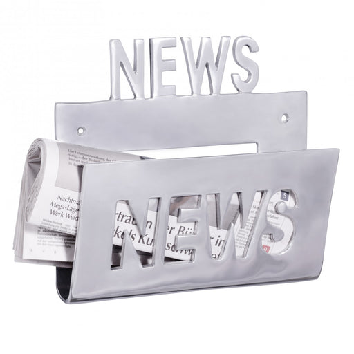 Prospekthalter Wand Aluminium mit gefülltem Zeitungsfach und NEWS-Schriftzug in Gesamtansicht.