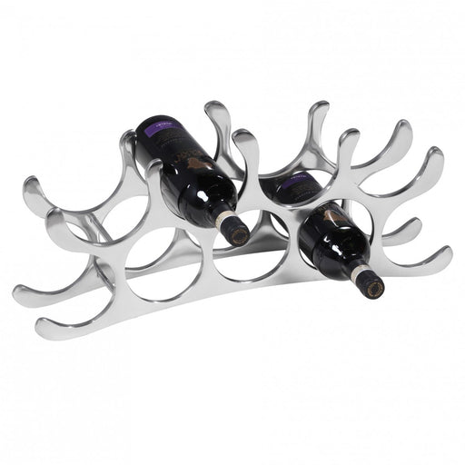 Weinregal Aluminium 9 Flaschen Silber 55x20x12cm modern Küche Deko in Gesamtansicht mit zwei eingelegten Weinflaschen.
