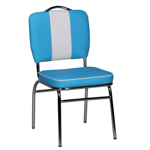 Esszimmerstuhl American Diner Retro mit blauem Polyurethan-Bezug und weißem Mittelstreifen in Gesamtansicht.