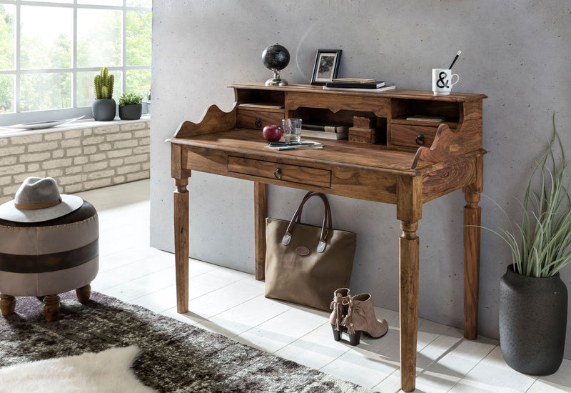 Schreibtisch Sheesham Massivholz 115x100x60cm 3 Schubladen Landhausstil