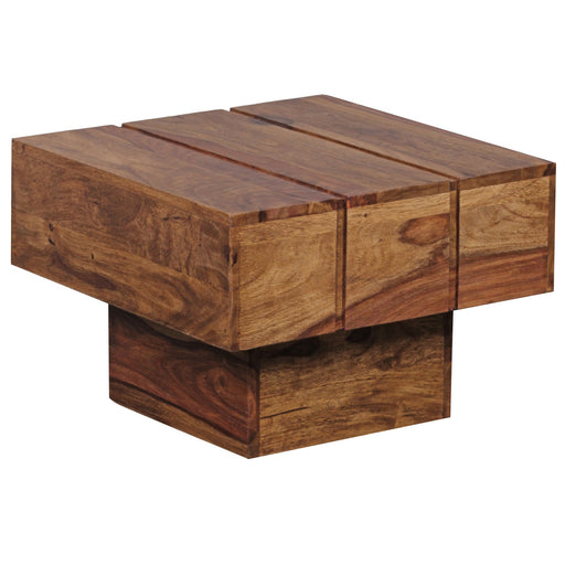 Beistelltisch Sheesham Massivholz 44x44x30cm Landhaus Cube in quadratischer Gesamtansicht mit würfelförmigem Sockel.
