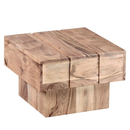 Beistelltisch Akazie Massivholz 44x44x30cm Landhaus Cube in Gesamtansicht mit rustikaler Oberflächenstruktur.