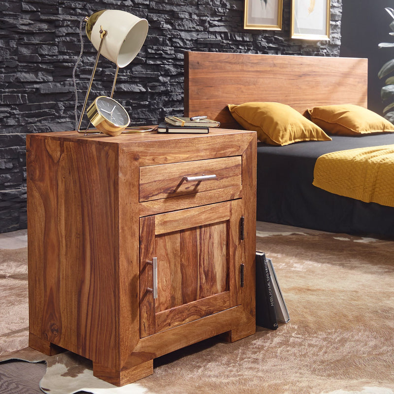 Nachttisch MUMBAI Sheesham Massivholz 60cm mit Schublade & Tür