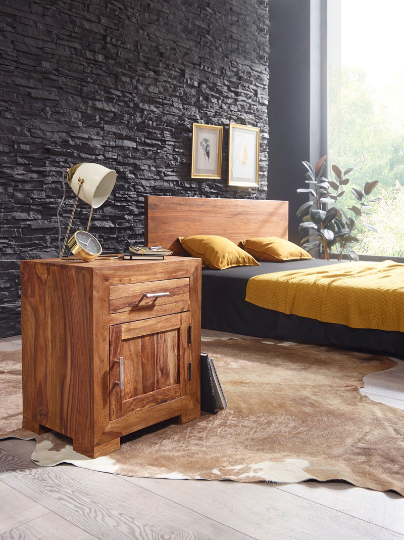 Nachttisch MUMBAI Sheesham Massivholz 60cm mit Schublade & Tür