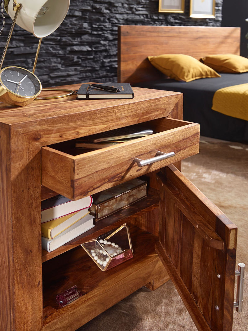 Nachttisch MUMBAI Sheesham Massivholz 60cm mit Schublade & Tür