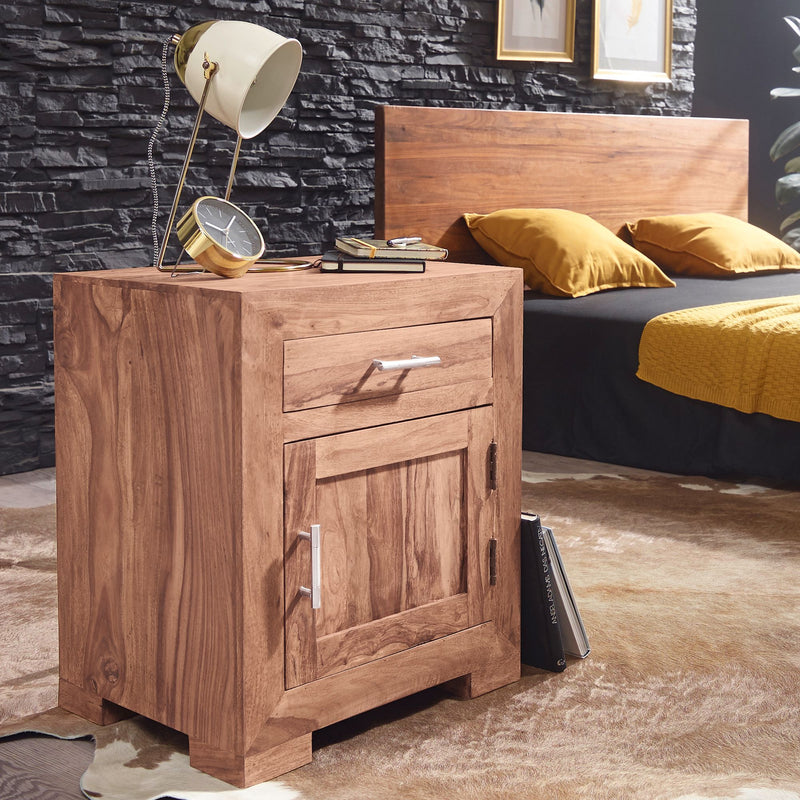 Nachttisch MUMBAI Massivholz Akazie 60cm Schublade Tür Design