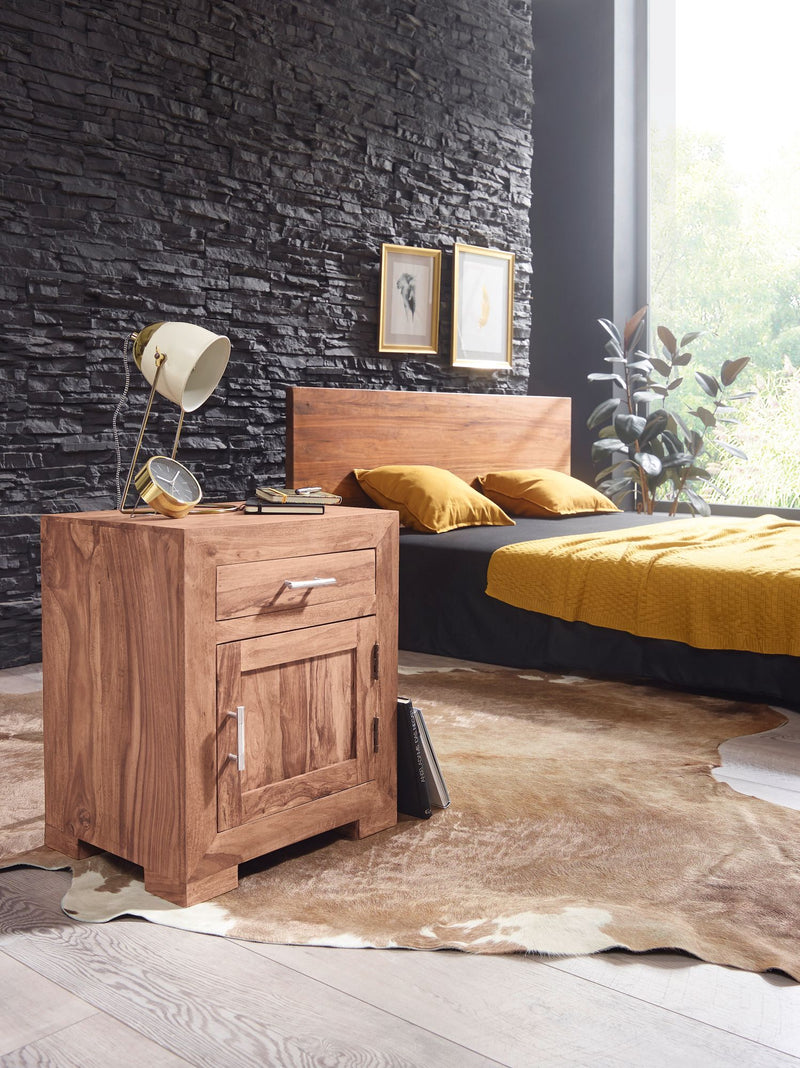 Nachttisch MUMBAI Massivholz Akazie 60cm Schublade Tür Design