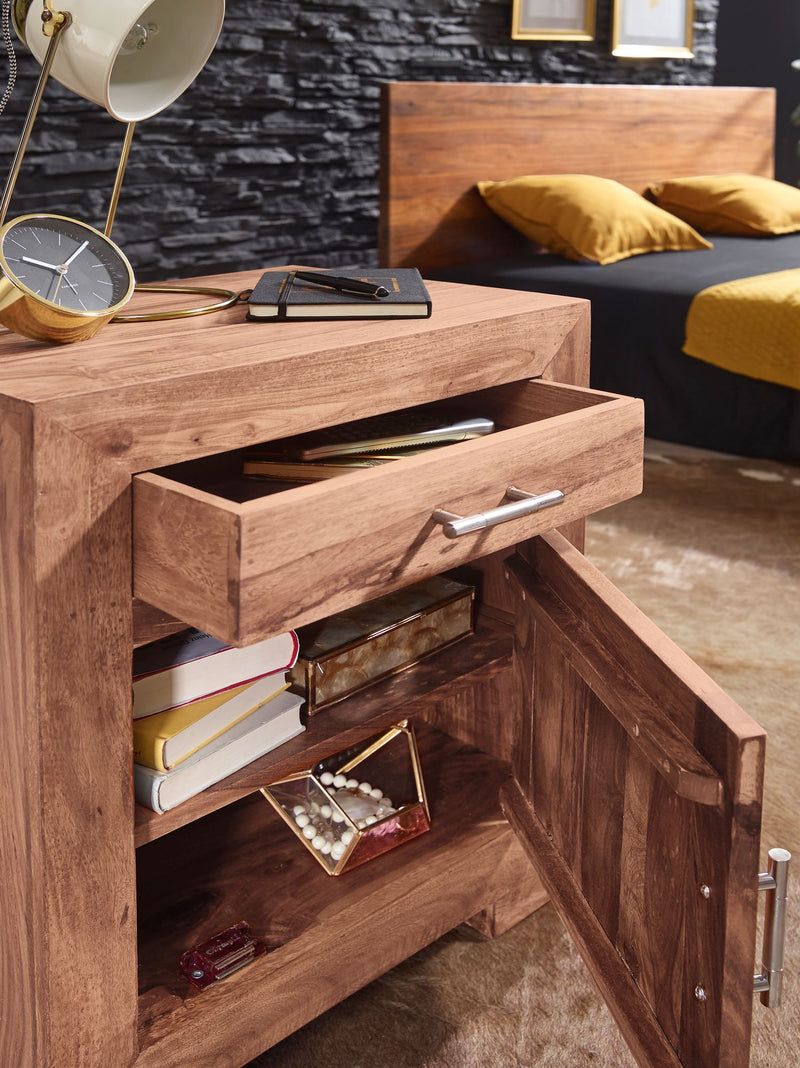 Nachttisch MUMBAI Massivholz Akazie 60cm Schublade Tür Design