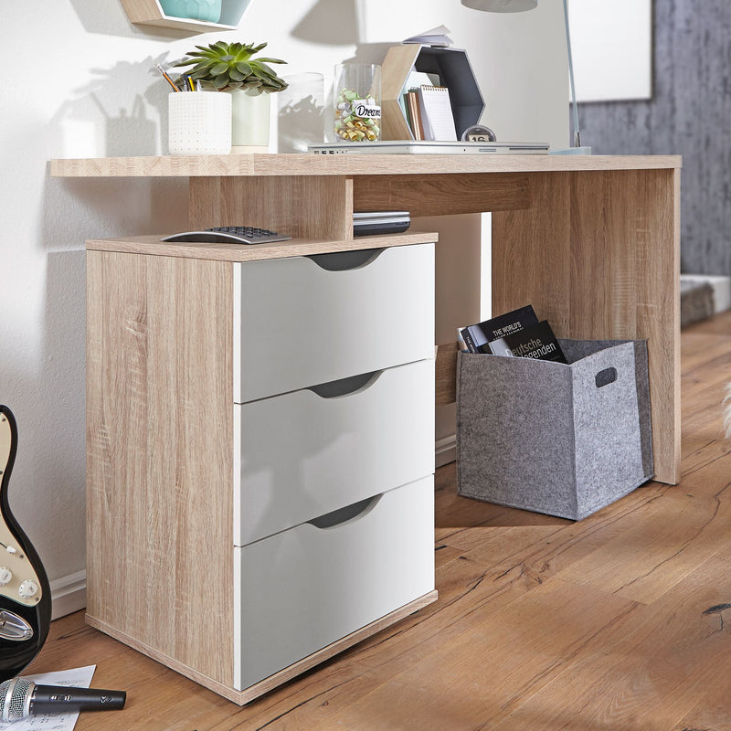 Schreibtisch MASSA 120x76x53cm 3 Schubladen Sonoma Weiß modern Jugendlich