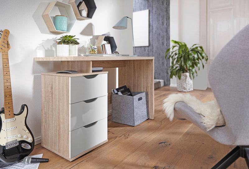 Schreibtisch MASSA 120x76x53cm 3 Schubladen Sonoma Weiß modern Jugendlich
