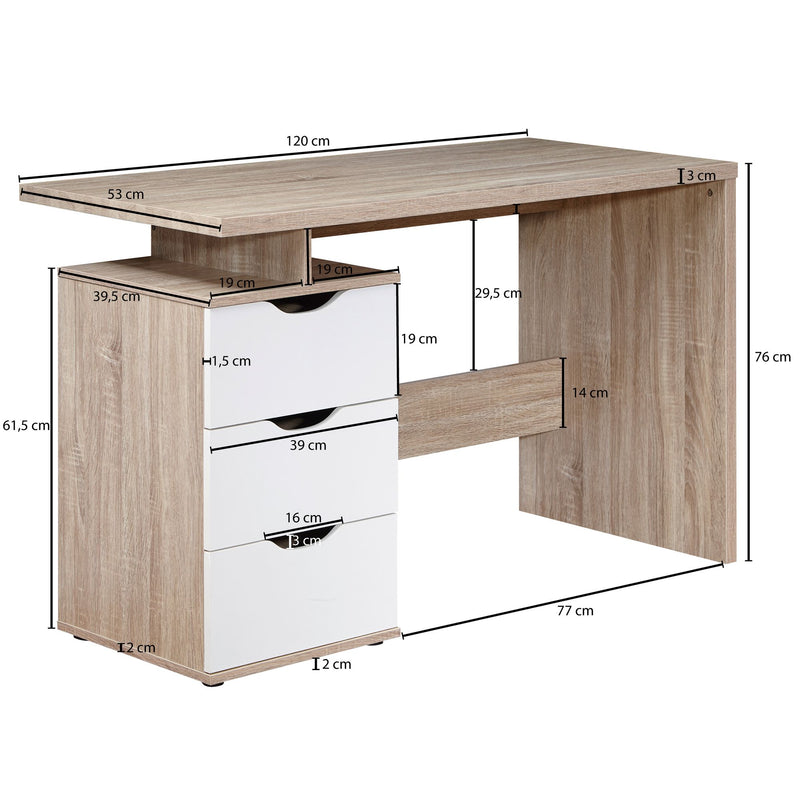Schreibtisch MASSA 120x76x53cm 3 Schubladen Sonoma Weiß modern Jugendlich