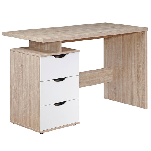 Schreibtisch MASSA von vorne mit heller Holzplatte, drei weißen Schubladen links und offener Beinfreiheit.