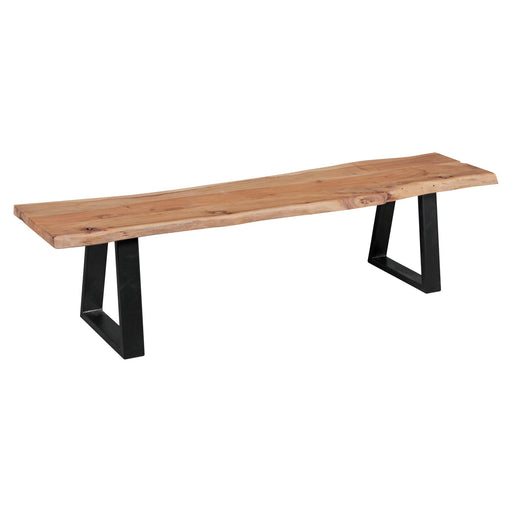 Esszimmerbank GAYA 180cm mit Baumkante-Platte aus Akazie und schwarzen Metallbeinen in Gesamtansicht.