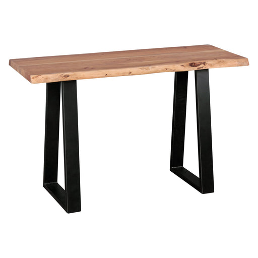 Konsolentisch GAYA 120cm mit massiver Akazie-Baumkanteplatte und schwarzem Metallgestell in Trapezform, Gesamtansicht.