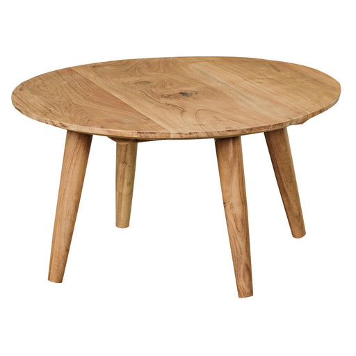 Couchtisch BOHA rund mit Massivholz-Tischplatte in Akazie und vier angewinkelten Holzbeinen in Gesamtansicht.