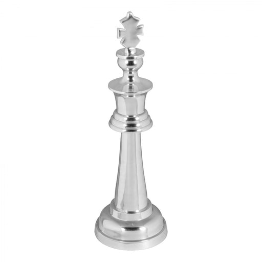Schachfigur König Aluminium poliert 70cm in Silber, Gesamtansicht mit Krone und konischer Säule auf rundem Sockel.
