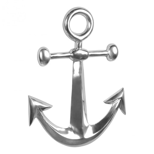 Anker Wanddeko aus Aluminium in Silber mit geschwungenen Ankerarmen und Öse, Gesamtansicht.