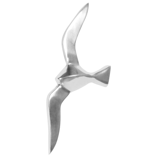 Wanddekoration Möwe Aluminium poliert 30cm Skulptur modern maritim in Silber, Gesamtansicht mit gespreizten Flügeln.