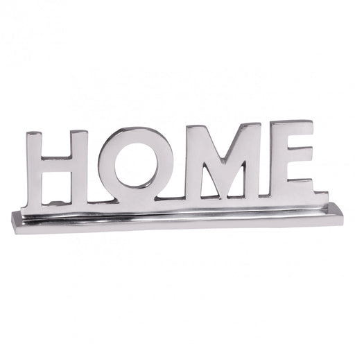 Deko Schriftzug Aluminium Silber 22cm mit dem Text "HOME" auf rechteckiger Basis, Gesamtansicht von vorne.