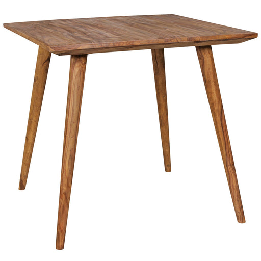 Esszimmertisch REPA 80x80cm Sheesham Massivholz Landhausstil quadratisch in Gesamtansicht mit schräg angestellten Holzbeinen.