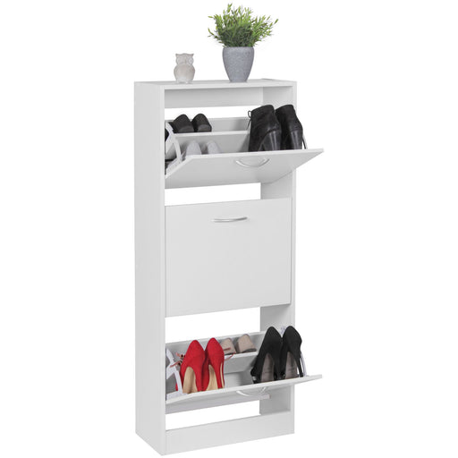 Schuhschrank 3 Fächer klappbar 125cm in Weiß mit geöffneten Klappfächern, Gesamtansicht.