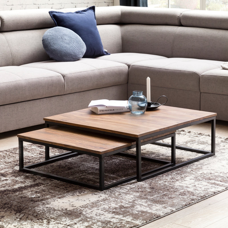Couchtisch Akola 2-teilig Sheesham Massivholz Metallbeine 75x75x27cm