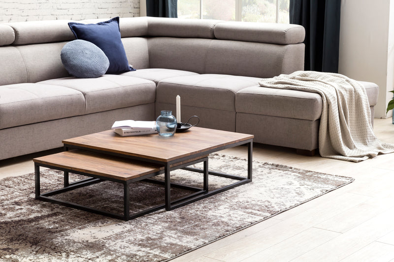 Couchtisch Akola 2-teilig Sheesham Massivholz Metallbeine 75x75x27cm