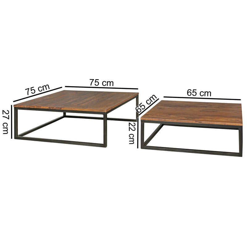 Couchtisch Akola 2-teilig Sheesham Massivholz Metallbeine 75x75x27cm