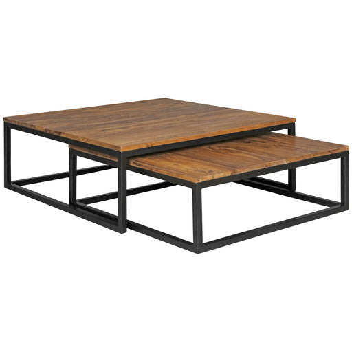 Couchtisch Akola 2-teilig aus Sheesham Massivholz mit schwarzem Metallgestell in Gesamtansicht.
