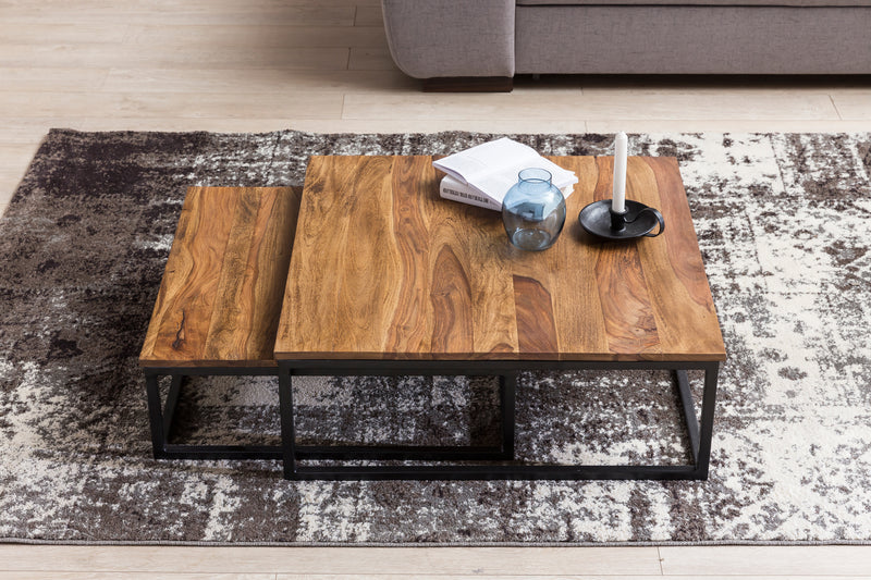 Couchtisch Akola 2-teilig Sheesham Massivholz Metallbeine 75x75x27cm